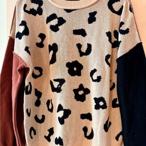 Leopard Print Crewneck Sweater - Beige/Black with Rust and Black Sleeves